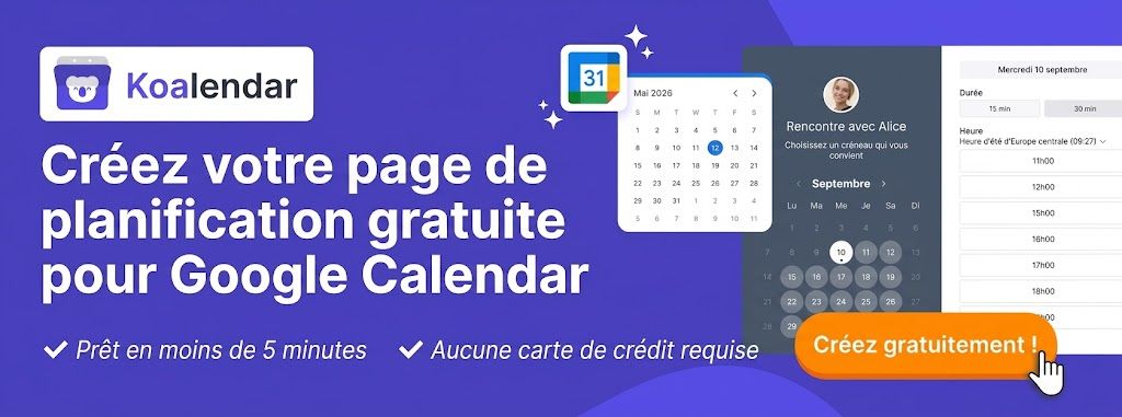 Créez gratuitement votre page de réservation pour Google Calendar — Koalendar, système gratuit de réservation de salles de réunion en ligne